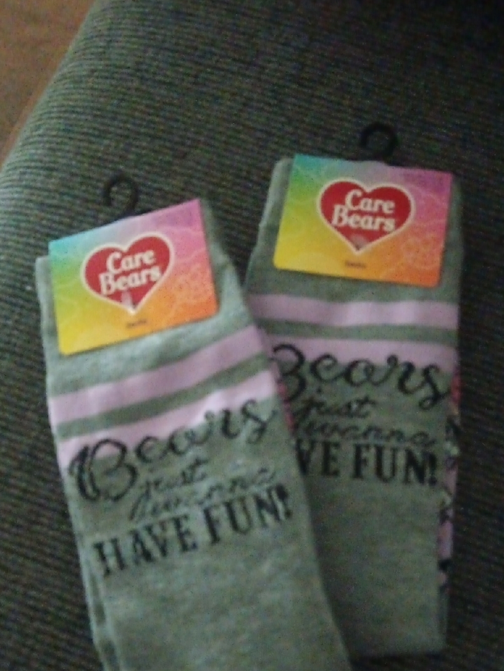 Care Bears Gray and Pink Striped Crew Socks with Logo